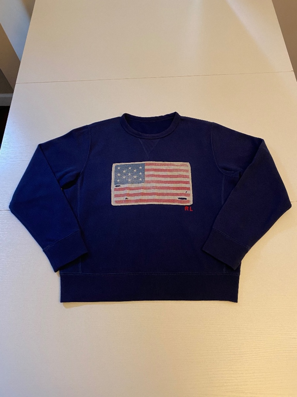 Polo Ralph Lauren Navy Blue American Flag Fleece Sweatshirt Top Sz Medium